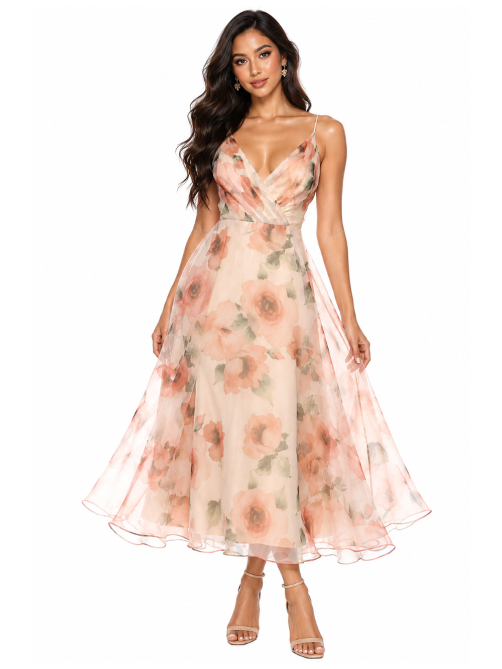 Jenny Yoo Sabrina Peach Floral Wrap Midi Dress – Size 12 / XL